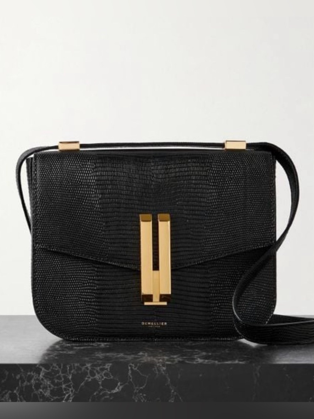 Like New DeMellier Black Lizard-Embossed Vancouver Crossbody with Gold Hardware